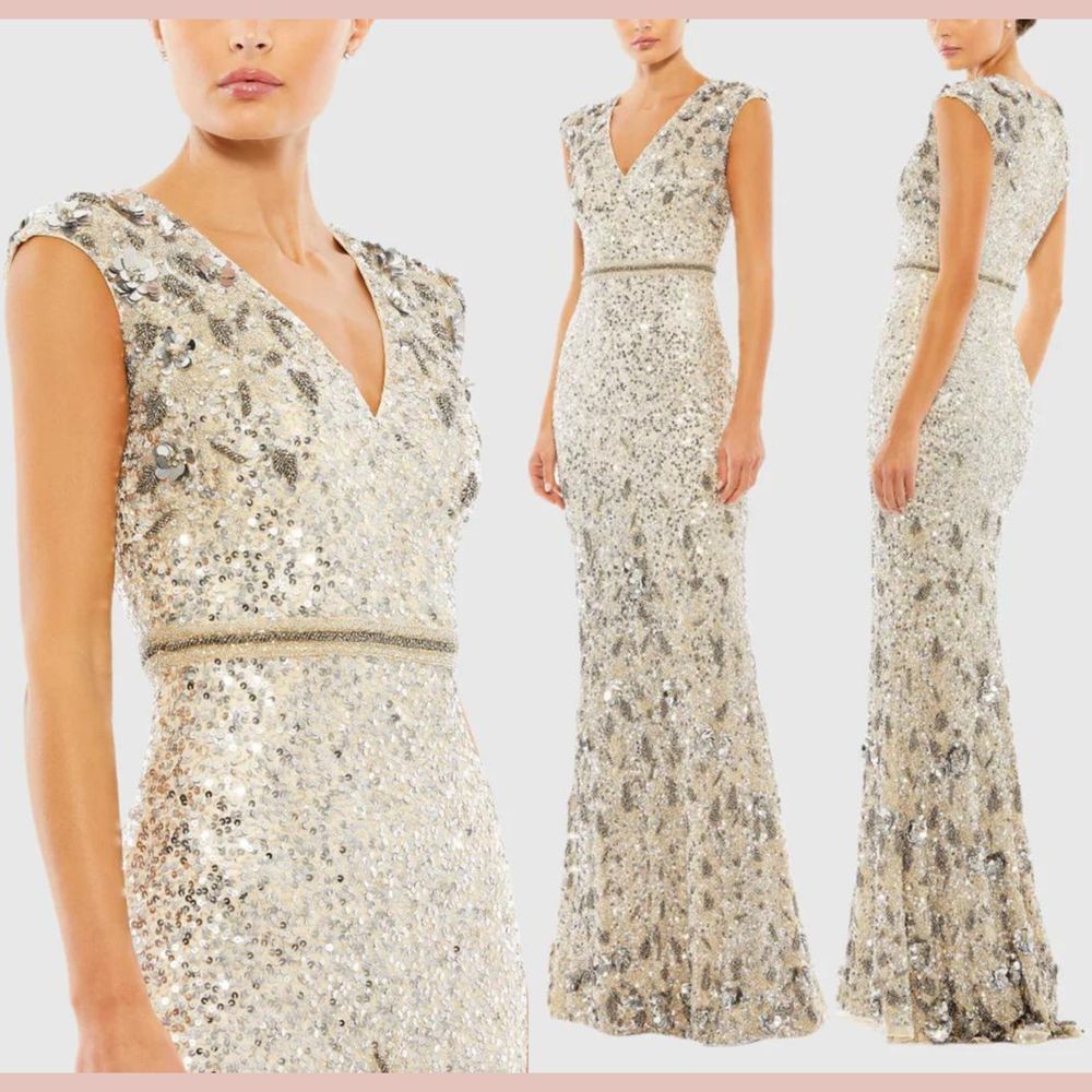 NWT Mac Duggal [ 6 ] 5055 Embellished‎ V Neck Cap Sleeve Sequin Gown Nude #Q988